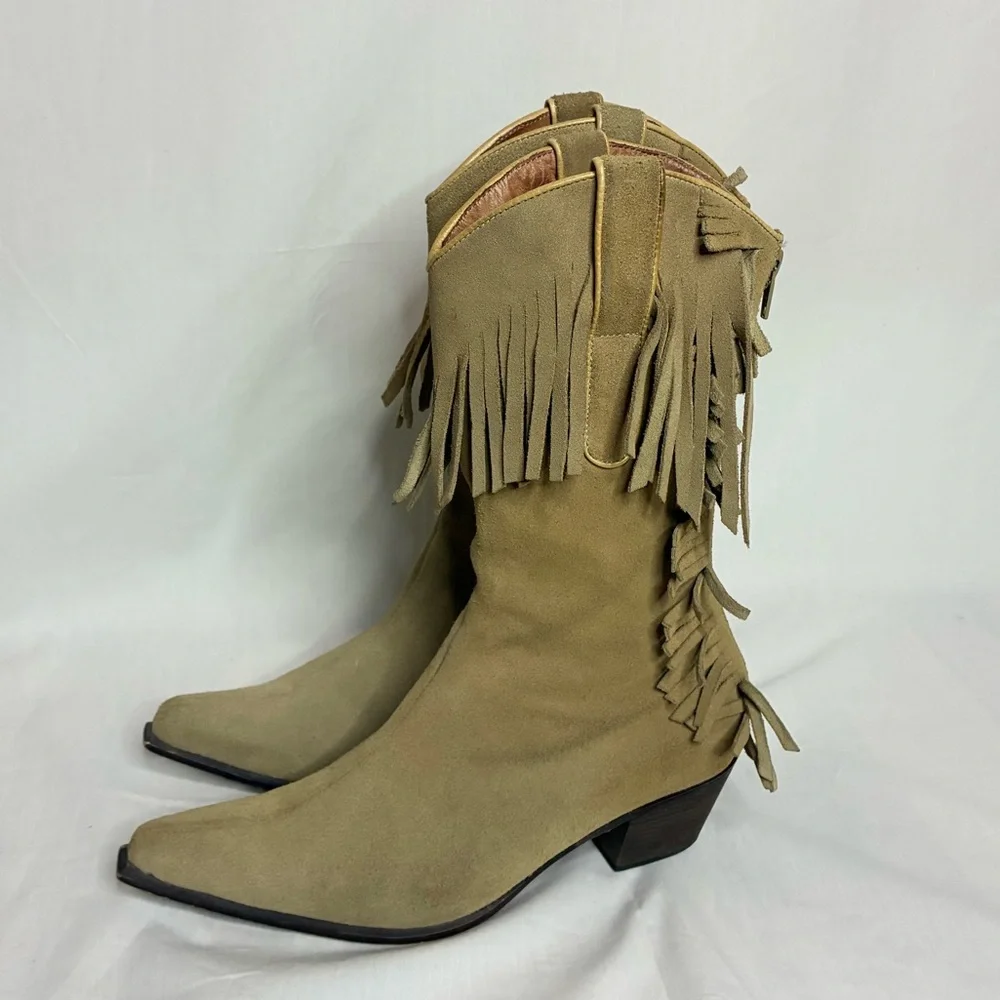 Vintage Suede Fringe Western Bohemian Cowboy Boots - Picture 4 of 12